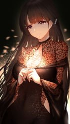 Rule 34 | 1girl, absurdres, an yasuri, black background, blurry, breasts, brown dress, brown hair, bug, butterfly, cleavage, collarbone, covered navel, dress, hair ornament, hairclip, highres, insect, large breasts, light, long hair, long sleeves, looking at viewer, original, red eyes, simple background, smile, solo, upper body, very long hair