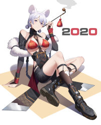 Rule 34 | 1girl, 2020, absurdres, animal ears, bare shoulders, boots, breasts, bridal gauntlets, chinese zodiac, earrings, feather boa, full body, highres, jewelry, kiseru, large breasts, mouse ears, nori tamahana, original, smoking pipe, purple eyes, shorts, sitting, smoke, solo, stud earrings, white background, white hair, year of the rat