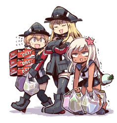 Rule 34 | 10s, 3girls, anchor hair ornament, bad id, bad pixiv id, bismarck (kancolle), blonde hair, blue eyes, box, crop top, cross, flower, garrison cap, groceries, hair flower, hair ornament, hat, iron cross, kantai collection, long hair, low twintails, microskirt, military, military hat, military uniform, mizuno (okn66), multiple girls, one-piece swimsuit, one-piece tan, peaked cap, prinz eugen (kancolle), ro-500 (kancolle), sailor collar, school swimsuit, skirt, swimsuit, swimsuit under clothes, tan, tanline, thighhighs, twintails, uniform
