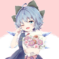 Rule 34 | 1girl, arms up, baby&#039;s-breath, blue dress, blue eyes, blue hair, blush, bouquet, bow, cirno, commentary request, cowboy shot, daisy, dress, finger to eye, flower, hair bow, happy tears, head tilt, holding, holding bouquet, kuromame (8gou), lily (flower), one eye closed, open mouth, outline, pinafore dress, pink background, pink flower, pink rose, puffy short sleeves, puffy sleeves, red neckwear, red ribbon, ribbon, rose, shirt, short hair, short sleeves, simple background, sleeveless dress, solo, tears, touhou, two-tone background, white background, white shirt, wings, wiping tears