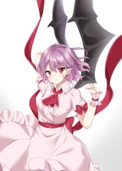 Rule 34 | 1girl, absurdres, arm up, ascot, bad id, bad pixiv id, bat wings, blush, breasts, brooch, commentary request, cowboy shot, dress, frilled shirt collar, frills, gradient background, grey background, hair between eyes, hand up, highres, jewelry, light purple hair, looking at viewer, no headwear, pink dress, pointy ears, red ascot, red eyes, red sash, remilia scarlet, sash, shinonome asu, short hair, small breasts, solo, touhou, white background, wings, wrist cuffs