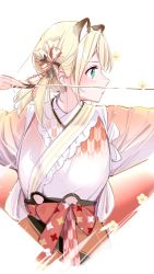 Rule 34 | 1girl, animal ears, archery, arrow (projectile), blonde hair, blush, bow (weapon), breasts, commentary, cropped torso, from side, gradient kimono, green eyes, hair ribbon, highres, holding, holding bow (weapon), holding weapon, hololive, japanese clothes, kazama iroha, kemonomimi mode, kimono, medium breasts, medium hair, official alternate costume, orange kimono, parted lips, profile, raccoon ears, ribbon, simple background, solo, symbol-only commentary, tasuki, twintails, upper body, virtual youtuber, weapon, white background, white kimono, yagasuri, yuyaiyaui
