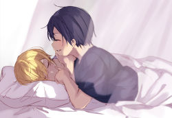 Rule 34 | 2boys, bed, bed sheet, black hair, black shirt, blanket, blonde hair, closed eyes, commentary request, couple, eugeo, from side, highres, kirito, lying, male focus, multiple boys, noro (ro no), on stomach, pillow, shirt, short hair, short sleeves, sleeping, smile, sword art online, sword art online: alicization, under covers, yaoi