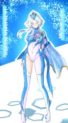 Rule 34 | 1girl, absurdres, bad id, bad pixiv id, blue bodysuit, blue cape, bodysuit, cape, covered navel, genderswap, genderswap (mtf), grey hair, hand on own thigh, head tilt, highres, humanization, looking at viewer, short hair with long locks, single thighhigh, skindentation, solo, space print, starry sky print, t-hou, thighhighs, ultra series, ultraman decker, ultraman decker (series)