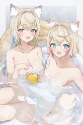 Rule 34 | 2girls, :d, absurdres, angeldu, animal ear fluff, bathtub, blonde hair, blue hair, blush, breasts, cleavage, colored inner animal ears, commentary, dog tail, english commentary, fang, fuwawa abyssgard, hand up, highres, hololive, hololive english, large breasts, long hair, looking at viewer, mococo abyssgard, multicolored hair, multiple girls, naked towel, open mouth, partially submerged, pink hair, rubber duck, short hair, siblings, sisters, skin fang, small breasts, smile, streaked hair, tail, thighs, towel, virtual youtuber, wet