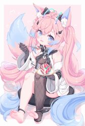 Rule 34 | 1girl, absurdres, animal ears, barefoot, blue eyes, blush, cake, cake slice, feet, food, gradient hair, highres, indie virtual youtuber, long hair, looking at viewer, multicolored hair, open mouth, outside border, pink hair, soles, tail, teletha (vtuber), twintails, two-tone hair