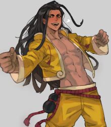 Rule 34 | 1boy, :d, abs, black eyes, black hair, blush, collarbone, cowboy shot, drunk, gourd, grey background, highres, jacket, jamie siu, leaning back, long hair, male focus, muscular, muscular male, navel, nipples, open clothes, open jacket, open mouth, pants, pectorals, simple background, smile, smirk, solo, street fighter, street fighter 6, tirtyturtle, undercut, yellow jacket, yellow pants
