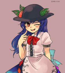 Rule 34 | 1girl, :d, apron, bad id, bad twitter id, black hat, blue hair, blue skirt, blush, bow, bowtie, bright pupils, commentary, dated, food, fruit, hat, hinanawi tenshi, index finger raised, leaf, long hair, one-hour drawing challenge, one eye closed, open mouth, peach, puffy short sleeves, puffy sleeves, purple background, red bow, red bowtie, red eyes, sasa kichi, shirt, short sleeves, simple background, skirt, smile, solo, touhou, white shirt