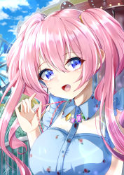 Rule 34 | 1girl, absurdres, bare shoulders, blue eyes, breasts, cloud, hair between eyes, hand up, highres, holding, jewelry, large breasts, long hair, looking at viewer, necklace, no headwear, open mouth, pink hair, princess connect!, pulling own clothes, sidelocks, signature, sky, solo, takemura kou, teeth, tsumugi (princess connect!), tsumugi (real) (princess connect!), twintails, upper teeth only