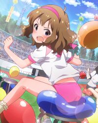 Rule 34 | bloomers, blue eyes, brown hair, card (medium), cloud, crowd, hairband, idolmaster, idolmaster million live!, idolmaster million live! theater days, japanese text, official art, open mouth, sitting, stool, suou momoko, track and field, tree, underwear