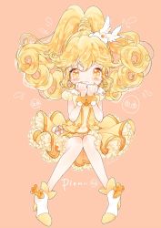Rule 34 | 1girl, blonde hair, closed mouth, cuffs, cure peace, curly hair, frilled skirt, frills, full body, high heels, highres, kise yayoi, knees together feet apart, long hair, magical girl, miniskirt, ponytail, precure, puffy short sleeves, puffy sleeves, short sleeves, simple background, skirt, smile precure!, solo, tearing up, uzuki aki, yellow eyes