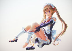 Rule 34 | 10s, 1girl, adjusting clothes, adjusting legwear, apron, barefoot, brown hair, choker, detached sleeves, dress, elf, frilled dress, frilled legwear, frilled sleeves, frills, full body, high heels, leg warmers, long hair, looking at viewer, maid, maid apron, maid headdress, myucel foalan, open mouth, outbreak company, pointy ears, purple eyes, rakuhei, red ribbon, ribbon, sandals, shoes, simple background, single shoe, sitting, smile, solo, toeless footwear, toeless legwear, toes, twintails, very long hair, waist apron, white background, white legwear