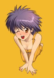 Rule 34 | 1girl, all fours, bare shoulders, barefoot, blush, breasts, cleavage, collarbone, female focus, foreshortening, full body, highres, kikumaru bunta, medium breasts, naked overalls, one eye closed, open mouth, original, overalls, purple hair, short hair, simple background, smile, solo, wink, yellow background