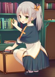 Rule 34 | 1girl, :d, bad id, bad pixiv id, black footwear, blue capelet, blue skirt, book, bookshelf, bookstore, bow, box, capelet, commentary request, fingernails, from behind, full body, green eyes, grey hair, indoors, long hair, long sleeves, looking at viewer, looking back, mary janes, open mouth, orange bow, original, over-kneehighs, pleated skirt, shirt, shoes, shop, side ponytail, sidelocks, skirt, sleeves pushed up, smile, solo, squatting, table, tareme, thighhighs, usagino suzu, white shirt, white thighhighs, wooden floor
