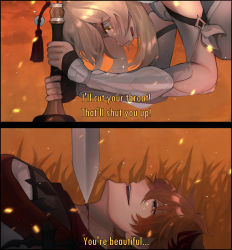 Rule 34 | 1boy, 1girl, 2koma, absurdres, blonde hair, blood, blue eyes, clothing request, comic, embers, english text, gauntlets, genshin impact, grass, half-closed eyes, hetero, highres, holding, holding sword, holding weapon, hsteetee, looking down, looking up, lumine (genshin impact), lying, mononoke hime, on back, red hair, sideways mouth, sword, sword to throat, tartaglia (genshin impact), tassel, weapon, yellow eyes