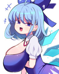 Rule 34 | 1girl, alternate breast size, arm under breasts, blue dress, blue eyes, blue hair, breasts, cirno, cleavage, collared shirt, dress, highres, huge breasts, ice, ice wings, neck ribbon, open mouth, puffy short sleeves, puffy sleeves, ribbon, shirt, short hair, short sleeves, solo, sseopik, touhou, white shirt, wings