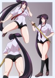 Rule 34 | 1girl, ass, back, black hair, black shorts, breasts, collared shirt, commentary request, fate/grand order, fate (series), full body, hair bun, hara (harayutaka), highres, loafers, long hair, long sleeves, looking at viewer, medium breasts, multicolored eyes, multiple views, necktie, open mouth, orange eyes, parted bangs, purple eyes, shirt, shoes, shorts, side ponytail, sidelocks, single side bun, taira no kagekiyo (fate), thighs, ushiwakamaru (fate), very long hair, white shirt