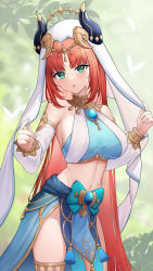 Rule 34 | 1girl, :o, absurdres, aqua eyes, bare shoulders, blue gemstone, blue skirt, blunt bangs, blurry, blurry background, blush, bow, breasts, brooch, bug, circlet, commentary request, cowboy shot, crop top, detached sleeves, forehead jewel, gem, genshin impact, gold trim, harem outfit, highres, holding, horns, jewelry, long hair, long sleeves, looking at viewer, low twintails, medium breasts, navel, neck ring, nilou (genshin impact), parted bangs, parted lips, pelvic curtain, puffy long sleeves, puffy sleeves, red hair, sidelocks, skirt, solo, stomach, straight hair, thighlet, thighs, twintails, uka (315302627), vambraces, veil, vision (genshin impact)