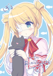 Rule 34 | 1girl, :o, animal, animal print, black cat, blonde hair, blue background, blue eyes, blush, cat, character name, commentary request, commission, crown, dress, eyepatch, fish print, frilled sleeves, frills, highres, holding, holding animal, holding cat, hoshimame mana, juliet sleeves, kazamatsuri institute high school uniform, long hair, long sleeves, looking at animal, mini crown, nakatsu shizuru, neck ribbon, one eye covered, open mouth, pink dress, puffy sleeves, red ribbon, rewrite, ribbon, school uniform, simple background, solo, swept bangs, twintails, very long hair, wide sleeves