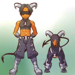 Rule 34 | 1990s (style), 1boy, abs, arms behind back, belt, boots, creatures (company), dark-skinned male, dark skin, game freak, gen 2 pokemon, gradient background, hitec, horns, houndoom, jewelry, knee boots, male focus, midriff, moemon, necklace, nintendo, personification, pokemon, pokemon (creature), pokemon gsc, retro artstyle, sunglasses, tail, white background