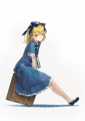 Rule 34 | 1girl, between legs, black bow, black bowtie, blonde hair, blue bow, blue eyes, blush, bow, bowtie, box, closed mouth, dress, frilled dress, frills, full body, hair bow, hand between legs, highres, kobutakurassyu, leaning forward, long hair, looking at viewer, looking to the side, on box, original, pointy ears, shoes, short sleeves, simple background, sitting, smile, solo, white background, white legwear, wooden box