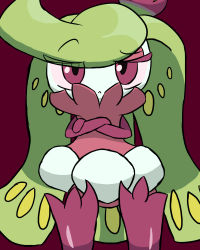 Rule 34 | 1girl, :&lt;, chibi, creatures (company), cropped legs, crossed arms, crown, eyelashes, eyes visible through hair, game freak, gen 7 pokemon, half-closed eyes, leaf, makeup, mascara, mini crown, monster girl, nintendo, plant girl, pokemon, pokemon (creature), pokemon sm, purple background, purple eyes, purple thighhighs, simple background, skirt, solo, swept bangs, thighhighs, tri tails, tsareena