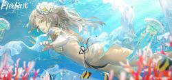 Rule 34 | 1girl, air bubble, alchemy stars, angelfish, bikini, bubble, carleen (alchemy stars), commentary request, company name, copyright name, copyright notice, coral, fish, flower, hair flower, hair ornament, highres, jellyfish, koio, long hair, looking at viewer, looking to the side, mismatched bikini, official alternate costume, official art, open mouth, sarong, see-through sarong, side-tie bikini bottom, solo, swimsuit, teeth, tropical fish, underwater, upper teeth only, white hair, yellow eyes