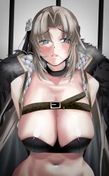 Rule 34 | 1girl, absurdres, arms behind back, azur lane, belt, blue eyes, blush, breasts, cleavage, coat, flower, fur-trimmed coat, fur trim, hair flower, hair ornament, highres, kronshtadt (azur lane), large breasts, light brown hair, long hair, looking away, navel, open clothes, open coat, sideways glance, solo, upper body, white flower, zhemuxuanhua