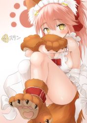 Rule 34 | 1girl, animal ear fluff, animal ears, animal hands, apron, ass, bare legs, bare shoulders, blush, bow, breasts, cat hair ornament, cleavage, commentary request, covered mouth, crossed arms, fate/grand order, fate (series), fox ears, fox girl, fox tail, gloves, hair between eyes, hair bow, hair ornament, highres, kagarimachi konatsu, large breasts, long hair, looking at viewer, maid headdress, naked apron, paw gloves, paw print, paw print soles, paw shoes, pink hair, red bow, shoes, sideboob, sitting, solo, tail, tamamo (fate), tamamo cat (fate), tamamo cat (third ascension) (fate), white apron, yellow eyes