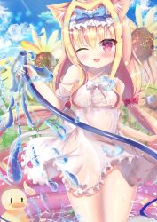 Rule 34 | 1girl, absurdres, animal ears, arm garter, bare shoulders, blonde hair, blue bow, blush, bow, bow hairband, cat ears, cloud, cowboy shot, cross-laced clothes, day, dress, frilled dress, frills, hair bow, hairband, halterneck, highres, holding, holding hose, hose, long hair, low twintails, open mouth, original, outdoors, red bow, red eyes, see-through, sidelocks, sky, solo, thighs, twintails, wading pool, wet, wet clothes, white bow, white dress