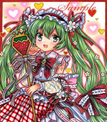 Rule 34 | 1girl, :d, apron, border, bow, bowtie, buttons, cowboy shot, detached sleeves, dress, flower, food, frilled sleeves, frills, fruit, gingham, gingham apron, green eyes, green hair, hair between eyes, hair flower, hair ornament, hair ribbon, hand up, hatsune miku, heart, holding, holding staff, light blush, long hair, looking at viewer, maid headdress, marker (medium), open mouth, outside border, red apron, red border, red bow, red bowtie, red ribbon, ribbon, rui (sugar3), sample watermark, sleeveless, sleeveless dress, smile, solo, staff, standing, strawberry, strawberry miku (morikura), traditional media, twintails, very long hair, vocaloid, watermark, white dress, white flower, white sleeves