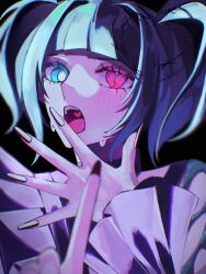 Rule 34 | 1girl, ado (utaite), mismatched irises, black background, blue eyes, blush, cloud nine inc, commentary, fingernails, heart, heart in mouth, heterochromia, highres, index finger raised, long fingernails, looking at viewer, open mouth, red eyes, short hair, solo, spica (spica5f9ea0), sweat, teeth, two side up, upper body, upper teeth only, utaite