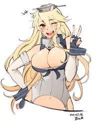 Rule 34 | 10s, 1girl, ;d, bare shoulders, blonde hair, blue eyes, blush, breasts, cleavage, clothes writing, elbow gloves, fingerless gloves, gloves, hat, highres, iowa (kancolle), kantai collection, large breasts, long hair, looking at viewer, midriff, navel, one eye closed, open mouth, rurouni187, smile, solo, teeth