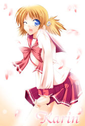 Rule 34 | 00s, 1girl, blonde hair, blue eyes, bow, character name, cherry blossoms, cowboy shot, miniskirt, one eye closed, orange hair, petals, red skirt, sasamori karin, school uniform, serafuku, short twintails, skirt, solo, standing, third-party edit, to heart (series), to heart 2, twintails, wink
