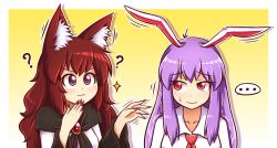 Rule 34 | ..., 2girls, :3, ?, animal ear fluff, animal ears, arrow (symbol), blouse, blush, brooch, brown hair, buttons, collarbone, commentary, dress shirt, fingernails, gradient background, highres, imaizumi kagerou, jewelry, long hair, long sleeves, multiple girls, nail polish, necktie, purple hair, rabbit ears, red eyes, red necktie, reisen udongein inaba, shirt, sidelocks, simple background, spoken ellipsis, sweatdrop, touhou, upper body, wavy hair, wavy mouth, white background, white shirt, wide sleeves, wolf ears, wool (miwol), yellow background