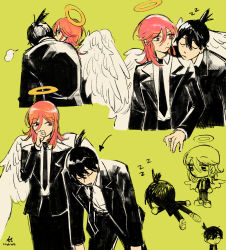 Rule 34 | 2boys, absurdres, angel, angel devil (chainsaw man), angel wings, arrow (symbol), black hair, black jacket, black necktie, black pants, chainsaw man, chibi, closed eyes, closed mouth, collared shirt, commentary, covering own mouth, feathered wings, formal, from behind, green background, hair between eyes, halo, hand over own mouth, hayakawa aki, head on another&#039;s shoulder, highres, jacket, lodrws, long hair, long sleeves, looking at another, lying, male focus, multiple boys, multiple views, necktie, on stomach, open mouth, pants, pink eyes, pink hair, shirt, short hair, simple background, standing, suit, suit jacket, symbol-only commentary, topknot, white shirt, white wings, wings, zzz