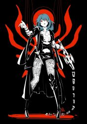 Rule 34 | automatic giraffe, black background, byleth (female) (fire emblem), byleth (fire emblem), cape, coat, coat on shoulders, dagger, fire emblem, fire emblem: three houses, green hair, jacket, knife, looking at viewer, midriff, nintendo, open mouth, puppet strings, red eyes, shorts, sword, thighhighs, weapon