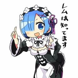 Rule 34 | 10s, 1girl, :d, blue eyes, blue hair, breasts, commentary request, detached sleeves, dress, frills, hair ornament, hair over one eye, index finger raised, jpeg artifacts, kanikama, lowres, maid, maid headdress, matching hair/eyes, open hands, open mouth, re:zero kara hajimeru isekai seikatsu, rem (re:zero), ribbon, short hair, smile, solo, text focus, translation request, x hair ornament