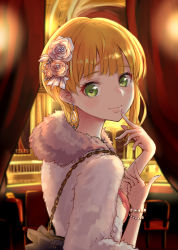 Rule 34 | 10s, 1girl, alternate costume, blonde hair, blush, commentary request, earrings, flower, green eyes, hair flower, hair ornament, highres, idolmaster, idolmaster cinderella girls, jewelry, looking at viewer, looking to the side, minato (shouno), miyamoto frederica, short hair, smile, solo