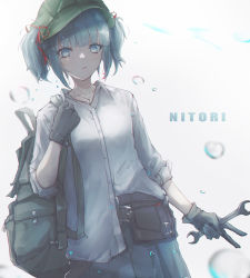Rule 34 | 1girl, :/, absurdres, backpack, bag, belt, belt buckle, black belt, black gloves, blue eyes, blue hair, blue skirt, blunt bangs, bubble, buckle, buttons, character name, closed mouth, collared shirt, commentary, cowboy shot, flat cap, fuunyon, gloves, green bag, green hat, hair ribbon, hand up, hat, highres, holding, holding strap, holding wrench, jewelry, kawashiro nitori, lips, looking at viewer, necklace, o-ring, red ribbon, ribbon, satchel, shirt, short twintails, simple background, skirt, sleeve cuffs, solo, touhou, twintails, v, white background, white shirt, wrench