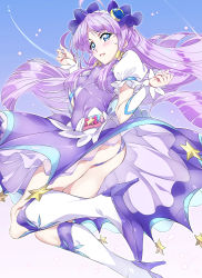 Rule 34 | 1girl, absurdres, ahoge, ass, blue eyes, blush, breasts, choker, commentary, covered erect nipples, cure selene, dress, hair ornament, highres, impossible clothes, jewelry, kaguya madoka, long hair, looking at viewer, magical girl, niko (tama), open mouth, precure, purple dress, purple hair, shiny clothes, shiny skin, small breasts, smile, solo, star (symbol), star twinkle precure, thighhighs, wrist cuffs