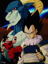 Rule 34 | 1990s (style), 3boys, absurdres, armor, artist request, black hair, boots, dougi, dragon ball, dragon ball super, fangs, full body, highres, horns, looking at another, looking at viewer, moro (dragon ball), multiple boys, muscular, red eyes, serious, sharp teeth, simple background, smile, son goku, spiked hair, teeth, upper body, vegeta