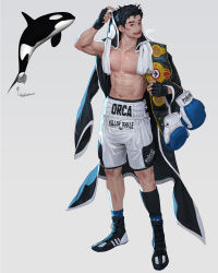 Rule 34 | 1boy, abs, absurdres, arm up, bare pectorals, black footwear, black gloves, black hair, boxing gloves, commentary request, fingerless gloves, full body, gloves, highres, korean commentary, male focus, muscular, muscular male, navel, open mouth, orca, original, pectorals, personification, rinotuna, shoes, short hair, shorts, simple background, smile, solo, standing, sweat, white background, white shorts, wrestling outfit