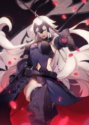 Rule 34 | ahoge, armor, armored dress, black dress, chain, dress, fate/grand order, fate (series), flag, fur trim, gauntlets, headpiece, highres, jeanne d&#039;arc (fate), jeanne d&#039;arc alter (avenger) (fate), jeanne d&#039;arc alter (fate), looking at viewer, no-kan, open mouth, silver hair, yellow eyes