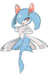 Rule 34 | 1girl, blue hair, blue skin, blush, breasts, collarbone, colored skin, creatures (company), dancing, female focus, game freak, gen 3 pokemon, groin, hair over one eye, hands up, hitmanatee, kirlia, leg up, legs, light blush, looking to the side, medium hair, multicolored skin, navel, nintendo, no nipples, one eye covered, open mouth, pokemon, pokemon (creature), red eyes, shiny skin, simple background, small breasts, solo, standing, standing on one leg, stomach, teeth, thighs, transparent, two-tone skin, white background, white skin