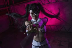 1girl arrancar bare_shoulders black_hair bleach cleavage_cutout clothing_cutout cosplay floating_hair gradient_background hair_over_one_eye highres holding holding_knife holding_weapon knife loly_aivirrne loly_aivirrne_(cosplay) long_bangs long_hair looking_at_viewer one_eye_covered photo_(medium) pink_eyes shirt simple_background skirt sleeveless sleeveless_shirt solo twintails weapon white_shirt white_skirt