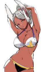 1girl animal_ears armpits arms_up bikini boku_no_hero_academia breasts cleavage collarbone crescent_print dark-skinned_female dark_skin hair_up head_tilt large_breasts long_eyelashes long_hair looking_at_viewer mirko multicolored_bikini navel parted_bangs rabbit_ears rabbit_girl red_eyes relaxjon simple_background solo stomach swimsuit tongue tongue_out two-tone_bikini white_background white_hair