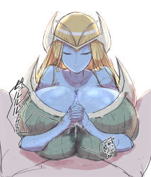 Rule 34 | 1girl, blonde hair, blue skin, boonist18, breasts, cleavage, closed eyes, colored skin, cum, cum on body, cum on breasts, cum on upper body, dress, duel monster, elf, expressionless, highres, huge breasts, interlocked fingers, mystical elf, own hands clasped, own hands together, paizuri, paizuri under clothes, pointy ears, yu-gi-oh!, yu-gi-oh! duel monsters