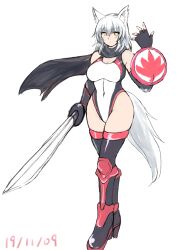 Rule 34 | 1girl, animal ear fluff, animal ears, black footwear, black gloves, black scarf, boots, breasts, cleavage, closed mouth, elbow gloves, fingerless gloves, full body, gloves, highleg, highleg leotard, highres, holding, holding shield, holding sword, holding weapon, inubashiri momiji, large breasts, leotard, looking at viewer, ninja, scarf, shetake, shield, short hair, simple background, solo, sword, tail, taimanin (series), taimanin suit, thigh boots, thighhighs, touhou, weapon, white background, white hair, white leotard, wolf ears, wolf girl, wolf tail, yellow eyes, zettai ryouiki