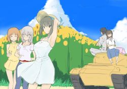 Rule 34 | 10s, 1boy, 4girls, alternate costume, bad id, bad twitter id, black hair, blonde hair, blue eyes, blue sky, blunt bangs, blush, brown eyes, brown hair, closed eyes, cloud, commentary request, day, dress, faceless, faceless male, field, flower, girls und panzer, halcon, hand on another&#039;s arm, hand on headwear, hat, heart, itsumi erika, jewelry, leaning on person, long hair, looking at viewer, military, military vehicle, motor vehicle, multiple girls, necklace, nishizumi maho, nishizumi miho, nishizumi shiho, nishizumi tsuneo, off-shoulder shirt, off shoulder, orange hair, peasant blouse, shirt, short dress, short hair, sitting, sitting on object, sketch, skirt, sky, sleeveless, sleeveless dress, sleeveless shirt, smile, spaghetti strap, strapless, strapless dress, sun hat, sundress, sunflower, tank, v, yellow dress